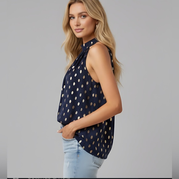 Gold Leaf Print Pleated Halter Top Blue - Picture 5 of 8